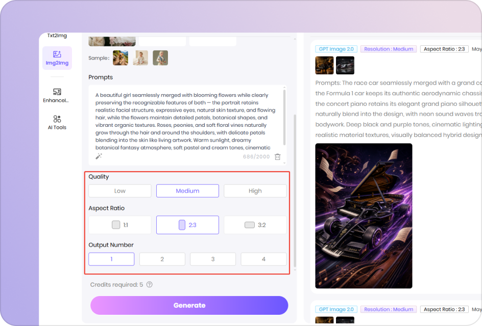 Adjust quality, aspect ratio, and output number for AI blended images
