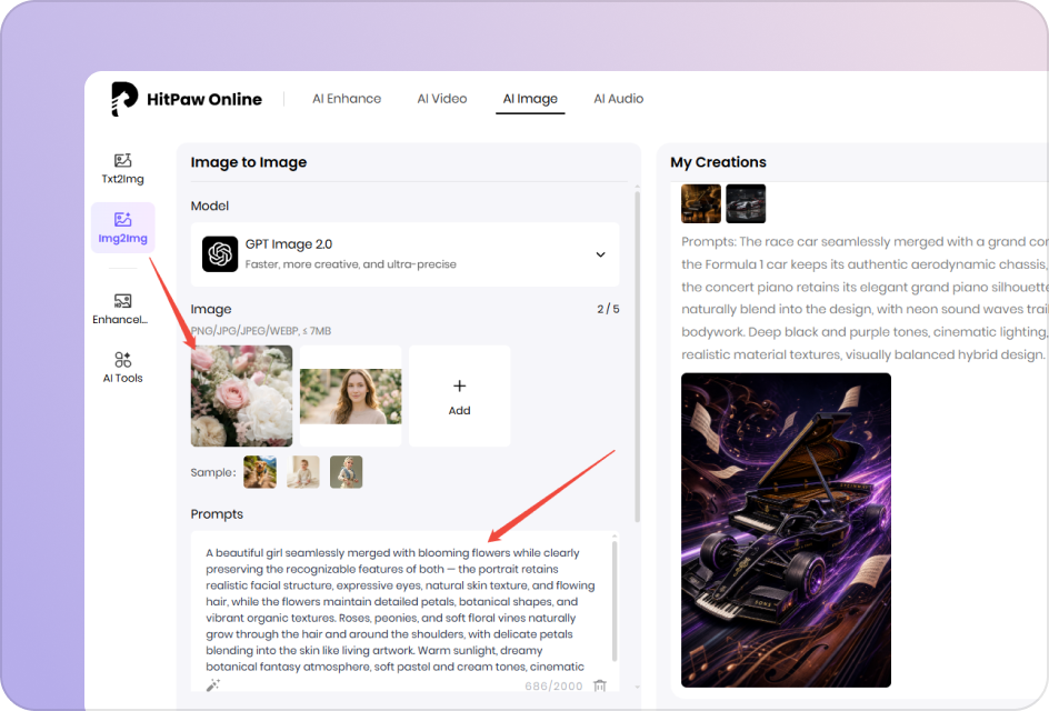 Upload two images and enter prompt for AI image blending