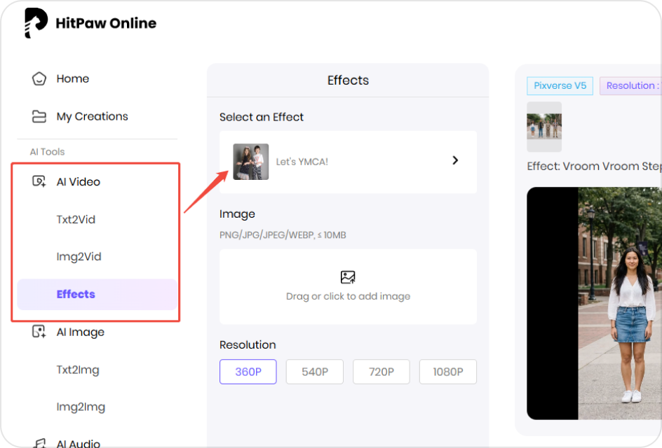 Select AI group dance effect from effects panel