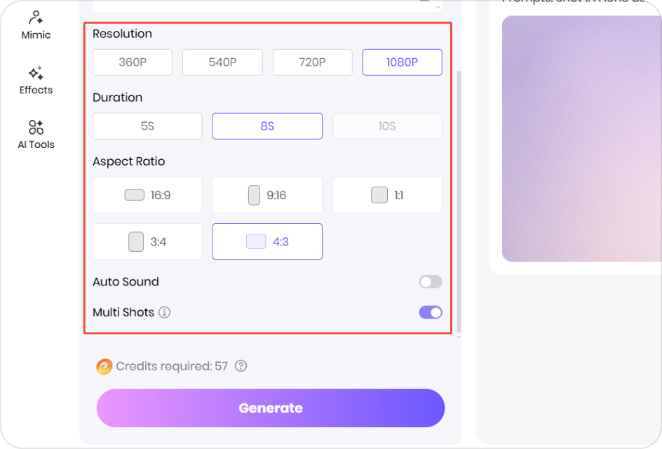 Adjust the video duration, aspect ratio, and other settings to match your creative vision or platform requirements.