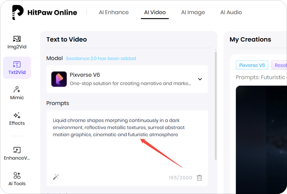 AI motion graphic video prompt input interface