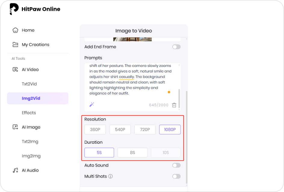 Customize resolution, duration, and layout for a product video