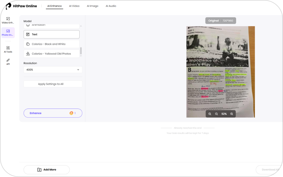 select ai model to enhance document with high quality