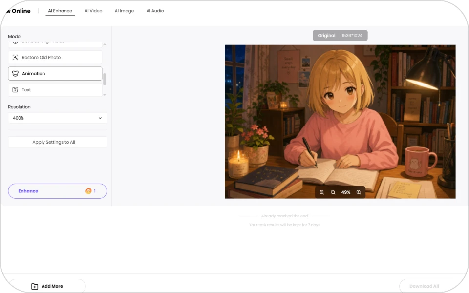 select ai animation model to upscale anime image