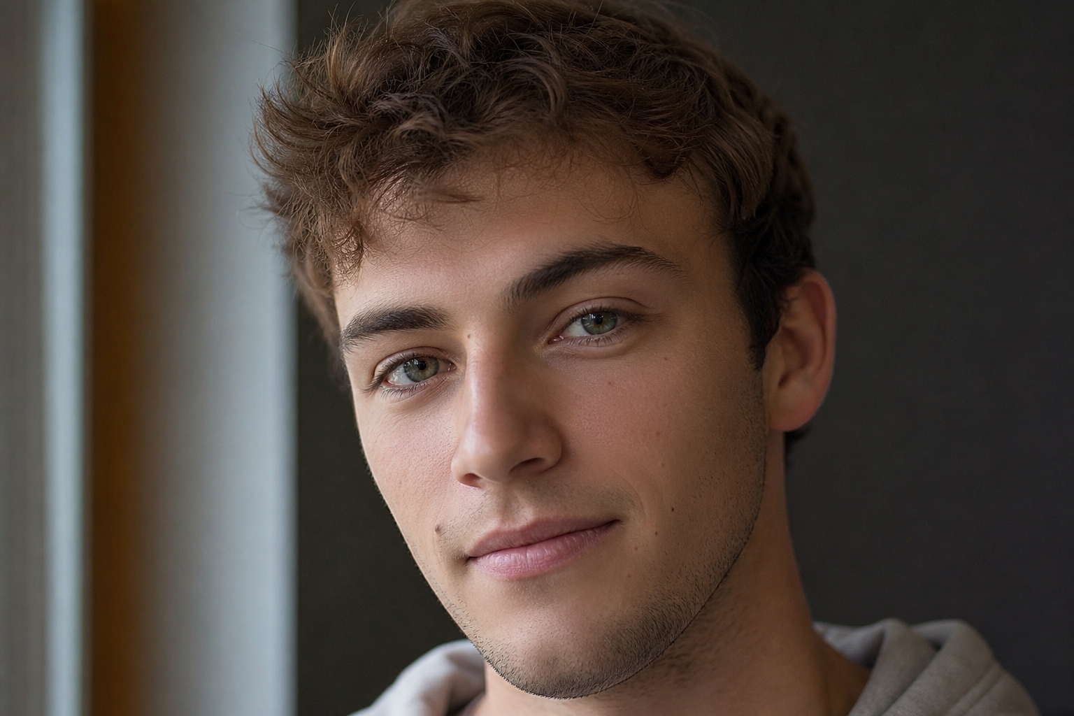 young college man after video retouching, smoother natural skin