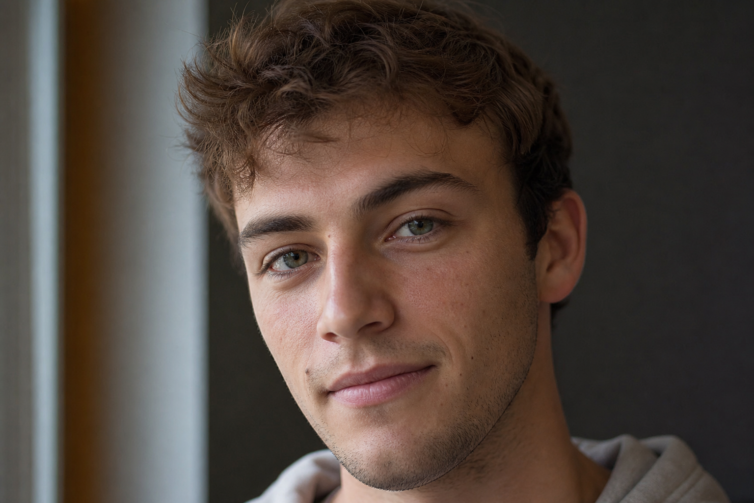 young college man before video retouching, natural skin imperfections