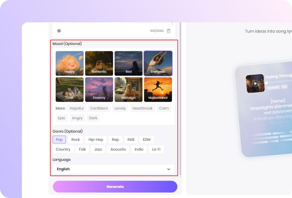 Select mood genre and language