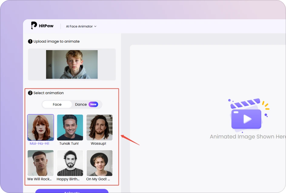 select face animation template