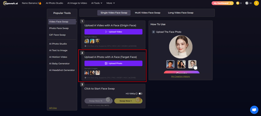 upload face image for replacement in video