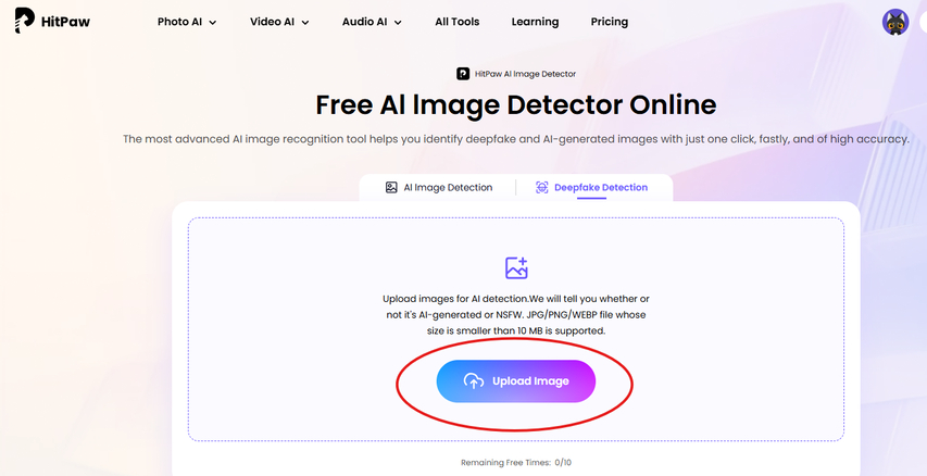 Uploading a social media image to HitPaw AI Image Deepfake Detector