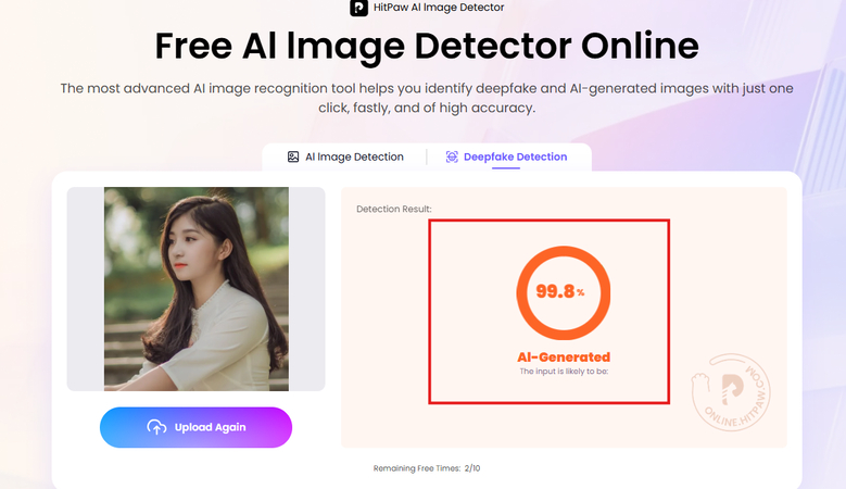 Verifying a fake image using HitPaw AI Image Detector
