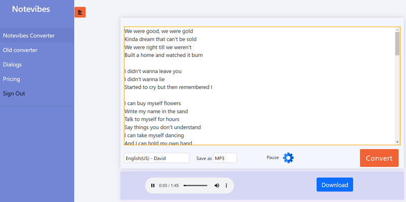 Notevibes AI Voiceover online grátis