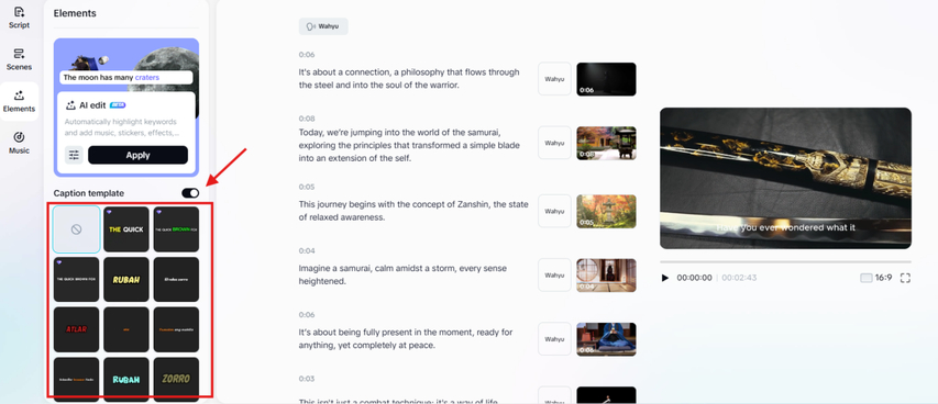 Adding a caption style to the AI video