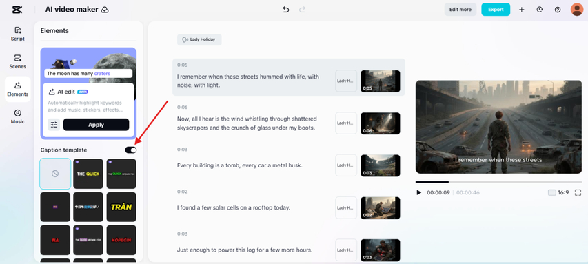 Adding caption style for the AI video