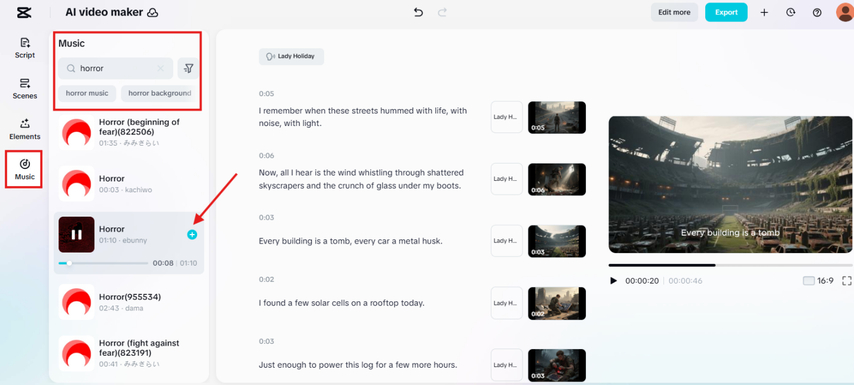 Adding music to the AI video in the CapCut AI Script to Video generator