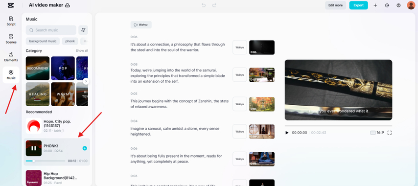 Adding music to the AI video in the CapCut AI video generator online