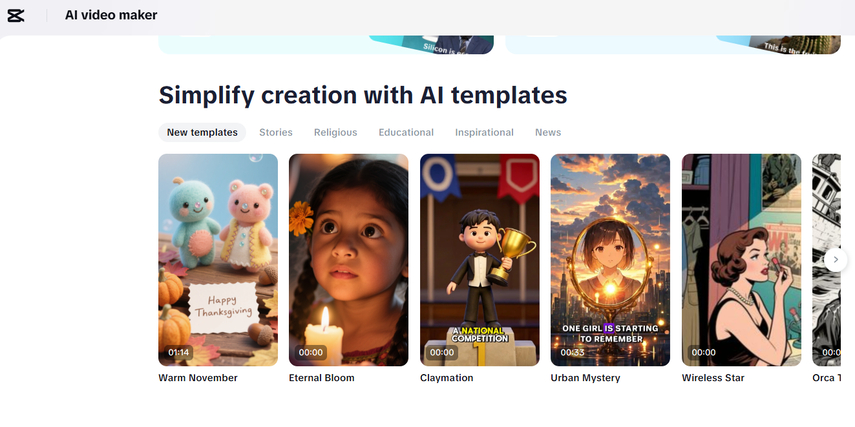 AI templates in the CapCut free AI video generator