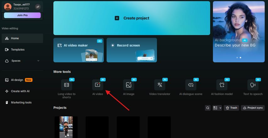 AI video option in the CapCut desktop app