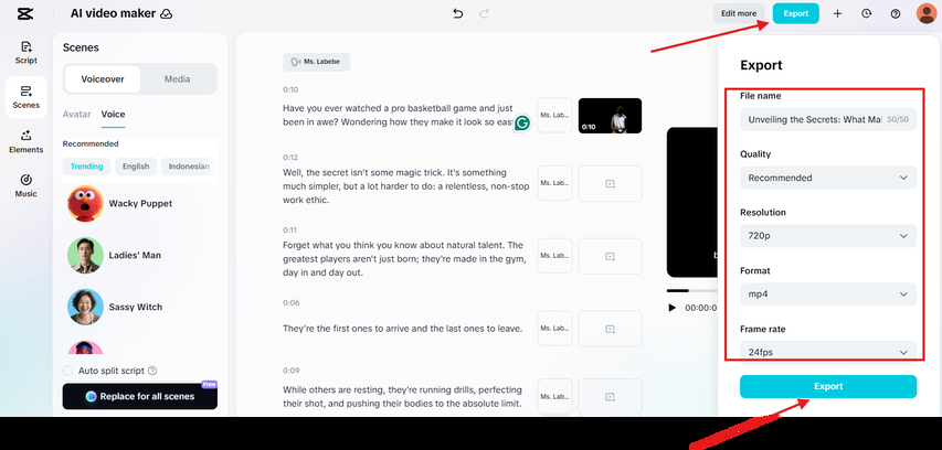 CapCut free AI video generator export settings
