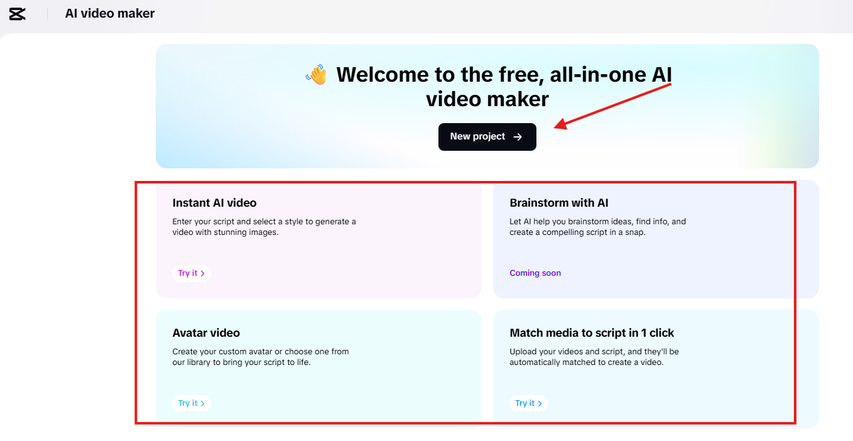 CapCut free AI video generator main dashboard