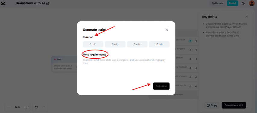 Choosing AI video duration and mentioning other requirements