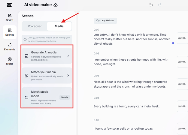 Choosing footage options for the AI video