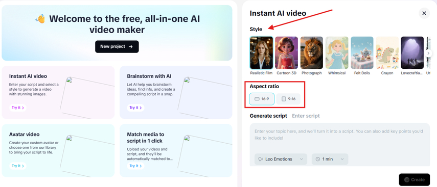 Choosing style and aspect ratio for the instant AI video