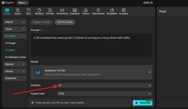 Choosing the duration of the AI video