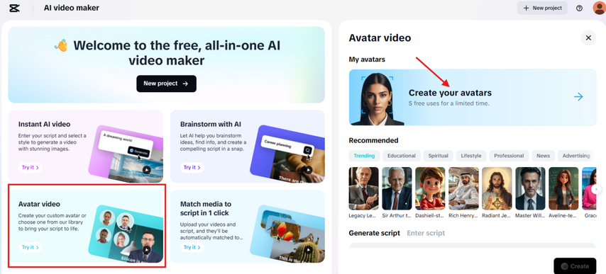 Create your avatars option in CapCut free AI video generator