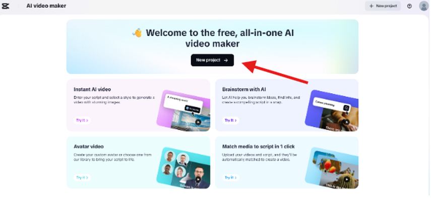 Creating a new project in the CapCut AI Script to Video generator