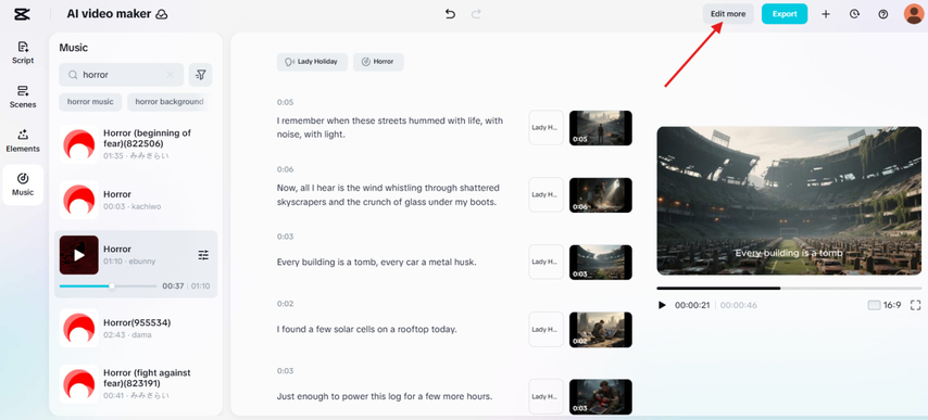 Edit More option in the CapCut AI Script to Video generator