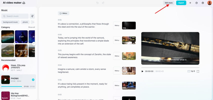 Edit More option in the CapCut AI video generator online