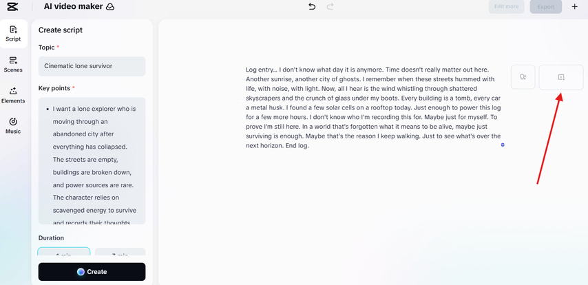 Editing the AI-generated script in the CapCut AI Script to Video generator