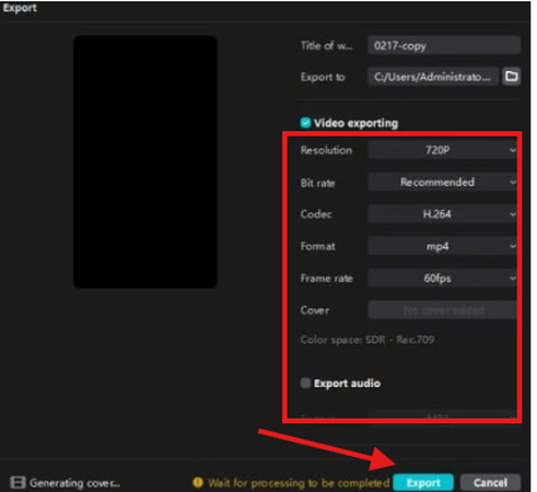 Export settings in CapCut Text to Video AI