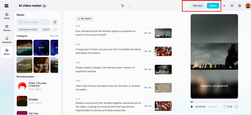 Exporting video in the CapCut free AI video generator