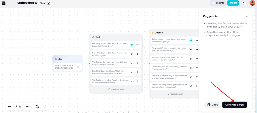 Generating a script after brainstorming an idea with AI