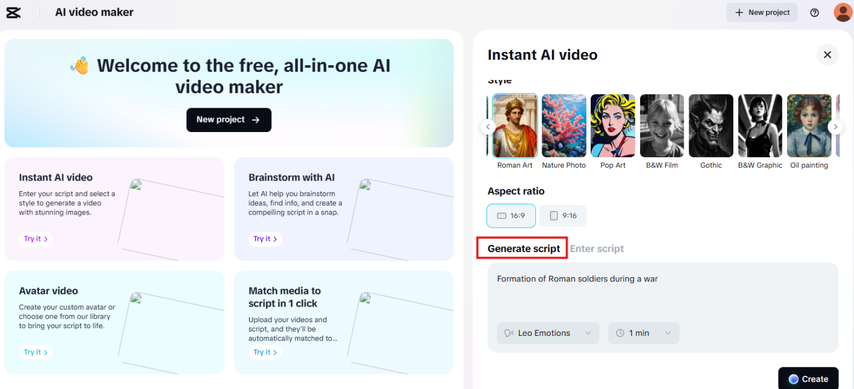 Generating a script for the instant AI video