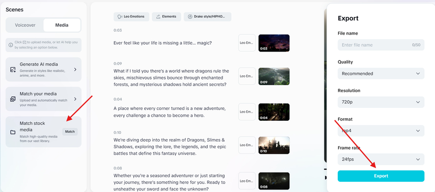 Generating and exporting a video created with an AI template