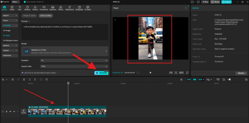 Generating and previewing the video in the CapCut Text to Video AI timeline