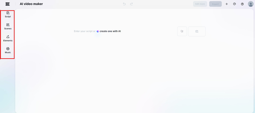 Script, scenes, elements, and music option in CapCut