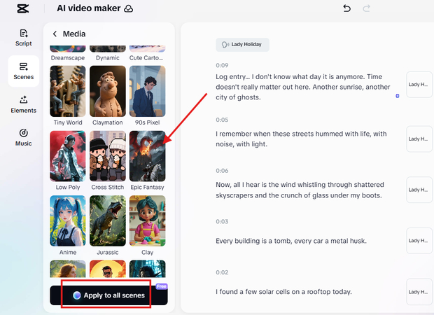 Selecting a footage style for the AI video