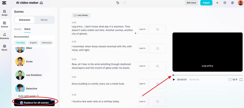 Splitting the script to add the voiceover for the AI video
