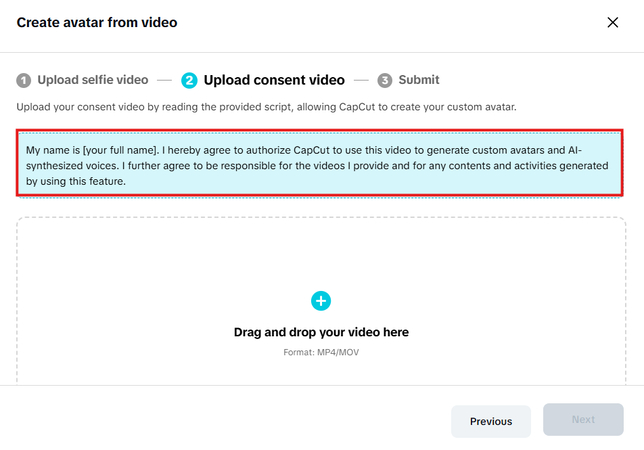 Uploading a constant video with a predefined script for the custom avatar