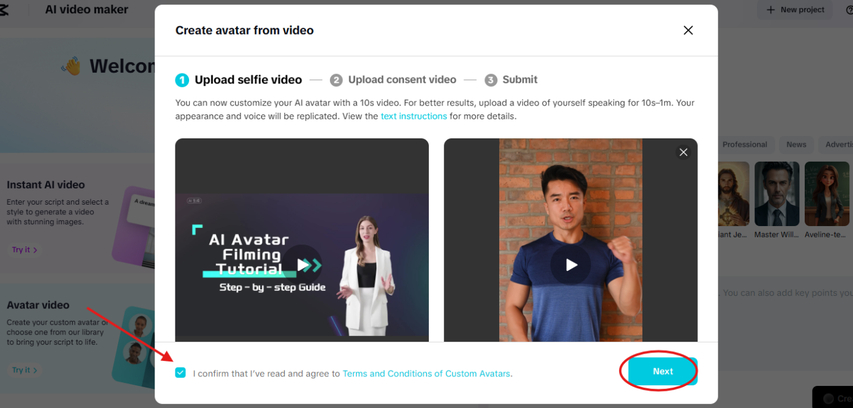 Uploading a selfie video for the custom avatar