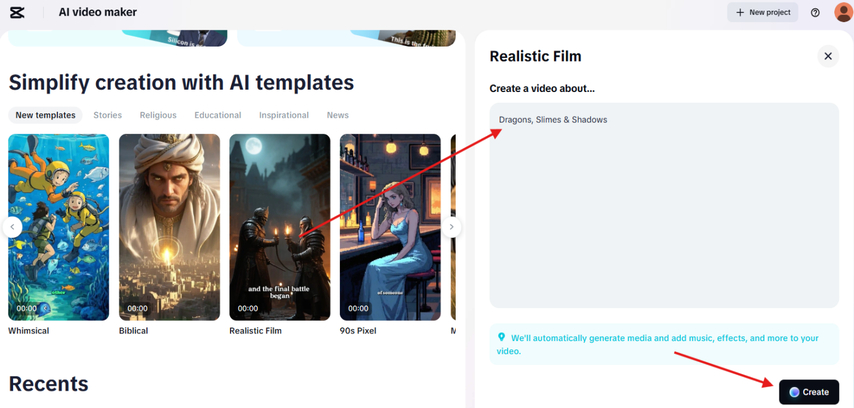 Using an AI template in CapCut to create a video