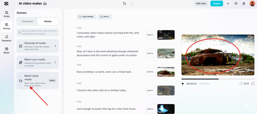 Using CapCut stock media to create an AI video