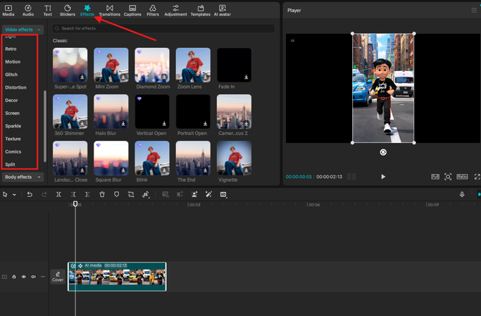 Using effects in CapCut Text to Video AI