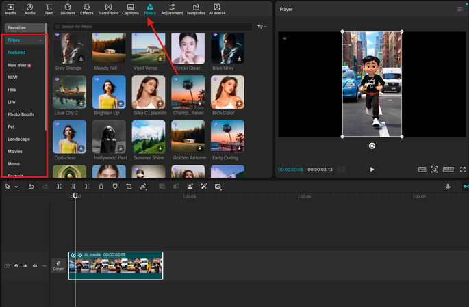 Using filters in CapCut Text to Video AI