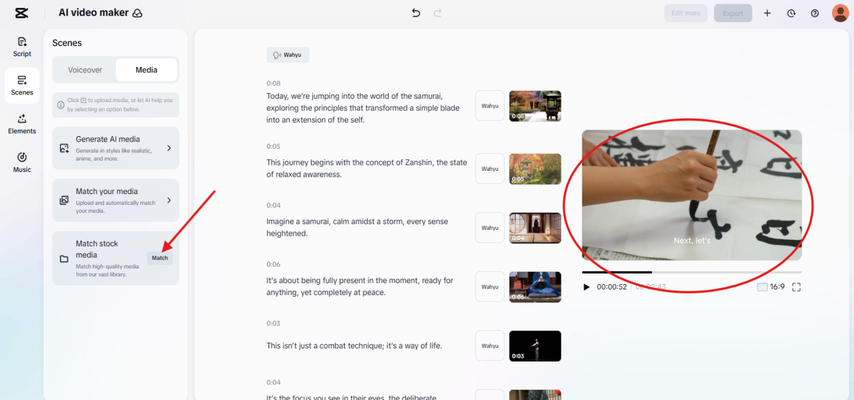 Using Match stock media to generate video for the script