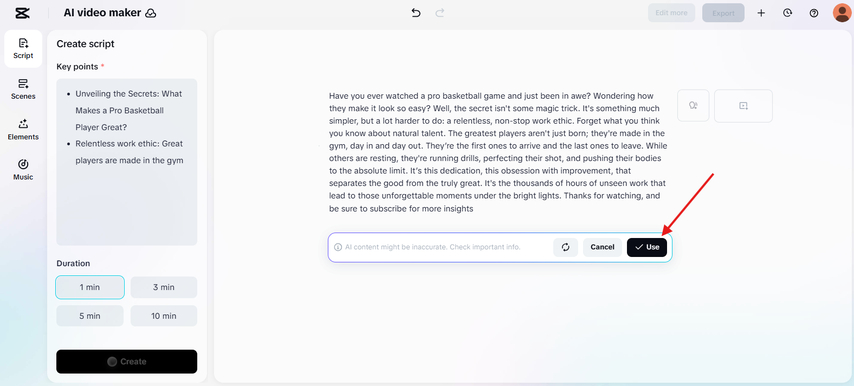 Using the generated script for the AI video